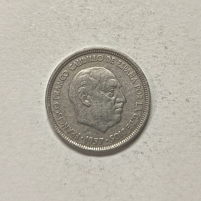 5 ptas, 1957, Francisco Franco Caudillo de Espana por la G. de Dios, upside down