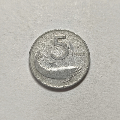 5 lire, 1952, Repubblica Italiana, R, upside down