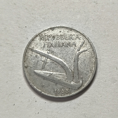 10 lire, 1968, Repubblica Italiana, R, upside down