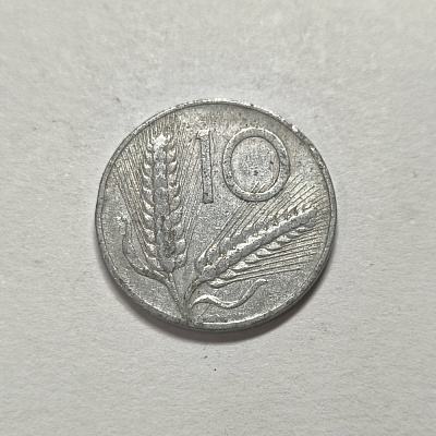 10 lire, 1953, Repubblica Italiana, R, upside down