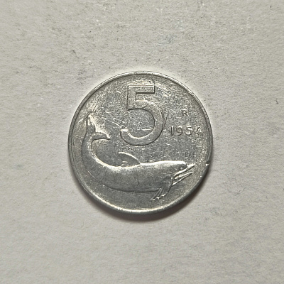 5 lire, 1954, Repubblica Italiana, R, upside down